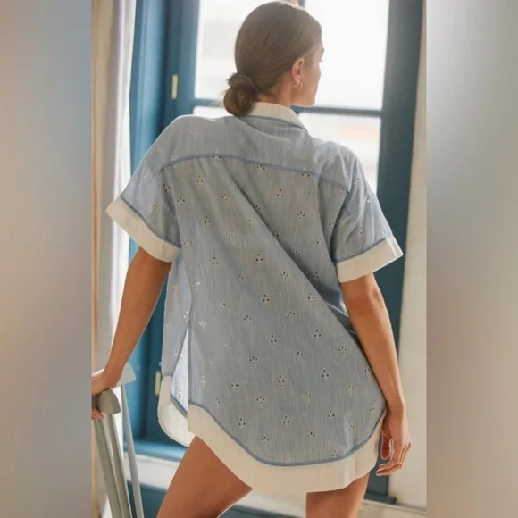 By ANTHROPOLOGIE Bijou 2 Pc Striped Eyelet Pajama Short Set - M - Picture 4 of 10